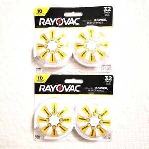 Rayovac Size 10 Hearing Aid Batteries 64 Total   Yellow Tab "Duracell Power"